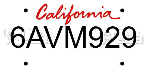 6AVM929 California License Plate