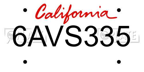 6AVS335 California License Plate