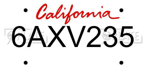 6AXV235 California License Plate