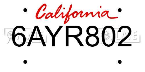 6AYR802 California License Plate