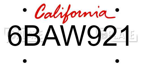 6BAW921 California License Plate