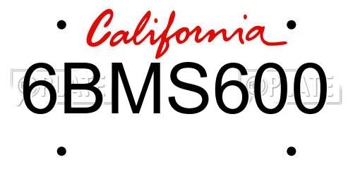 6BMS600 California License Plate