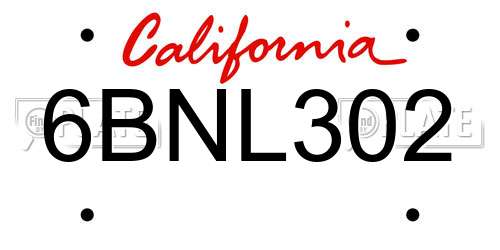 6BNL302 California License Plate