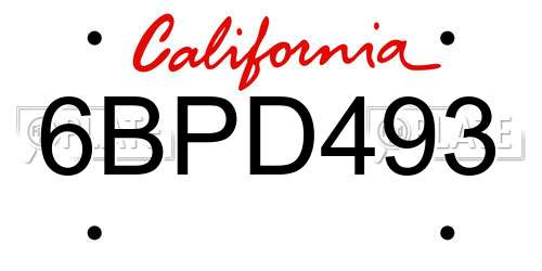 6BPD493 California License Plate