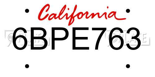 6BPE763 California License Plate