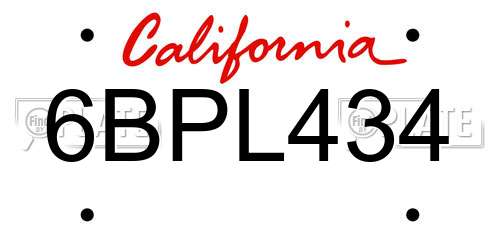 6BPL434 California License Plate