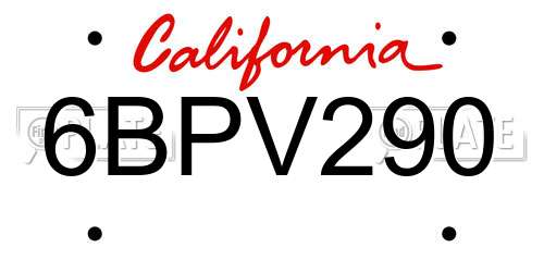 6BPV290 California License Plate