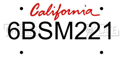 6BSM221 California License Plate