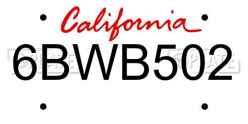 6BWB502 California License Plate