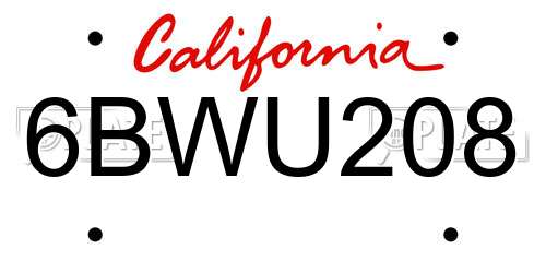 6BWU208 California License Plate
