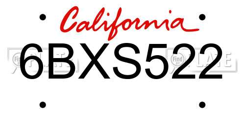 6BXS522 California License Plate