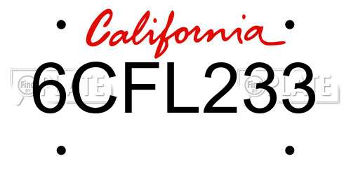 6CFL233 California License Plate