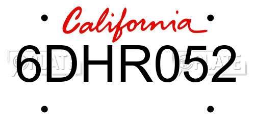 6DHR052 California License Plate