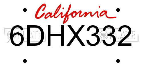 6DHX332 California License Plate