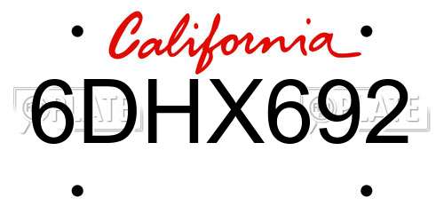6DHX692 California License Plate
