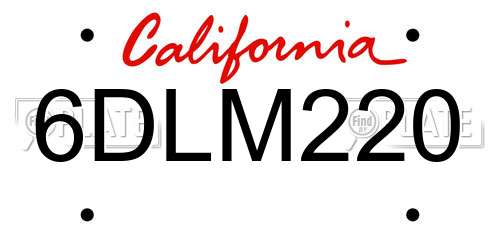 6DLM220 California License Plate