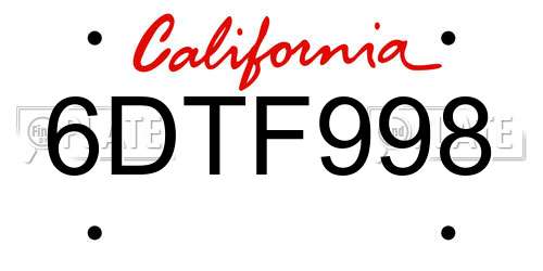 6DTF998 California License Plate