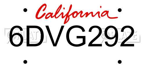 6DVG292 California License Plate