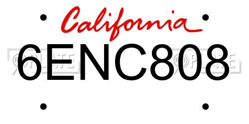 6ENC808 California License Plate