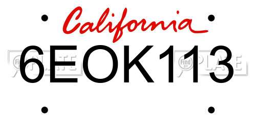6EOK113 California License Plate
