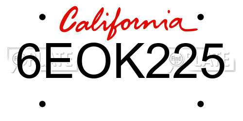 6EOK225 California License Plate