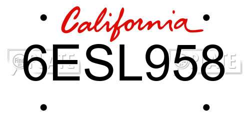 6ESL958 California License Plate