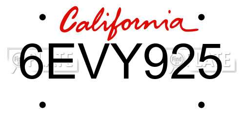 6EVY925 California License Plate