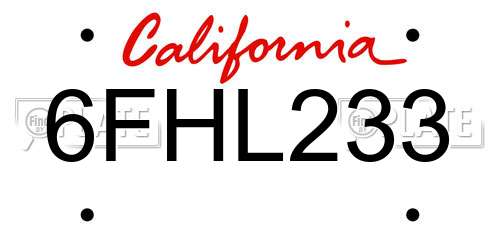 6FHL233 California License Plate