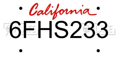 6FHS233 California License Plate