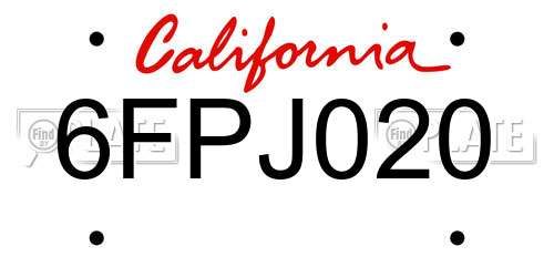 6FPJ020 California License Plate