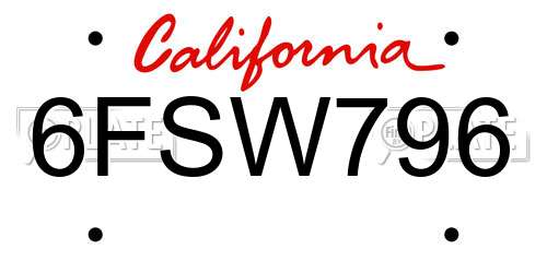 6FSW796 California License Plate