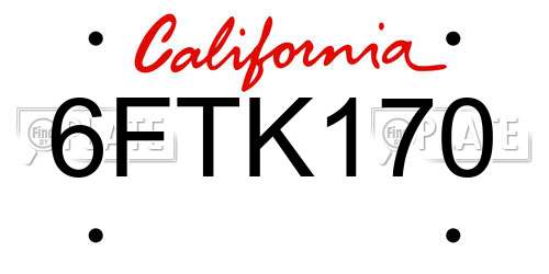 6FTK170 California License Plate