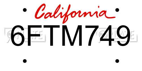 6FTM749 California License Plate