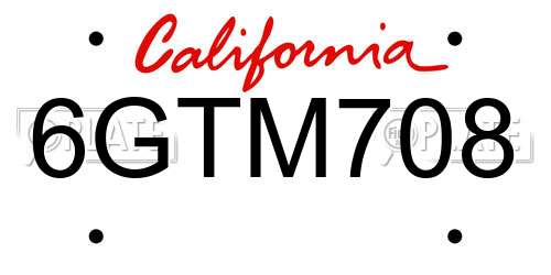6GTM708 California License Plate