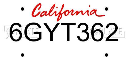 6GYT362 California License Plate