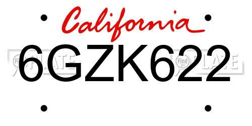6GZK622 California License Plate