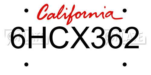 6HCX362 California License Plate