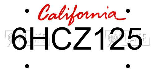 6HCZ125 California License Plate