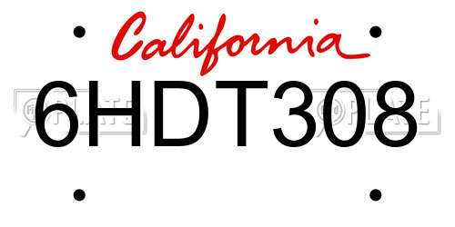 6HDT308 California License Plate