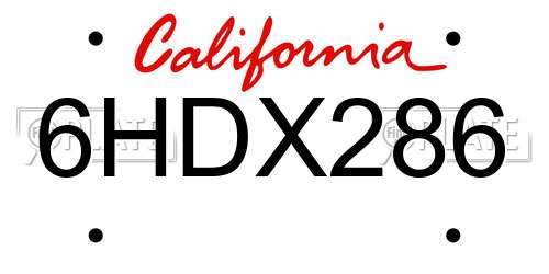 6HDX286 California License Plate