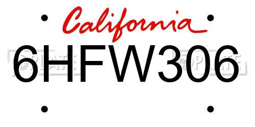 6HFW306 California License Plate
