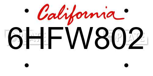 6HFW802 California License Plate