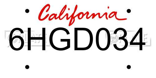 6HGD034 California License Plate