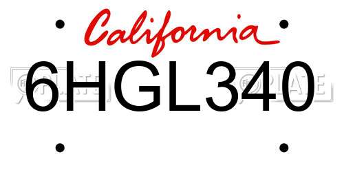 6HGL340 California License Plate