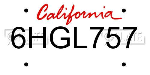 6HGL757 California License Plate