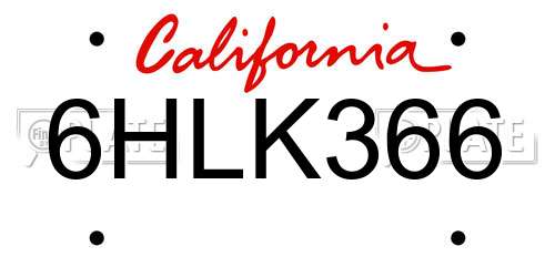 6HLK366 California License Plate