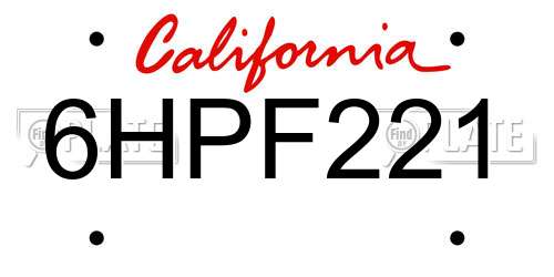 6HPF221 California License Plate