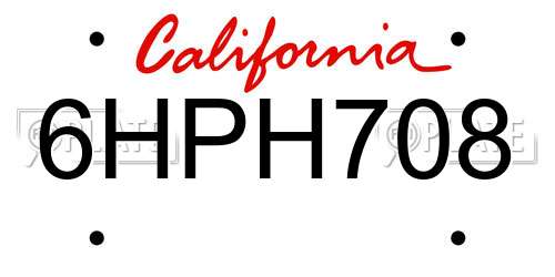 6HPH708 California License Plate