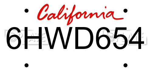 6HWD654 California License Plate
