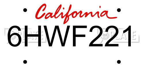 6HWF221 California License Plate